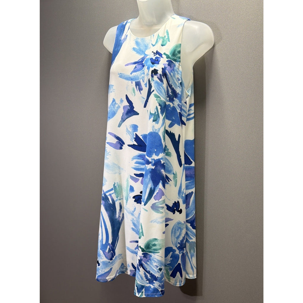 Ann Klein Watercolor Print Dress Sz 8 Blue White Turquoise Sleeveless Sheath