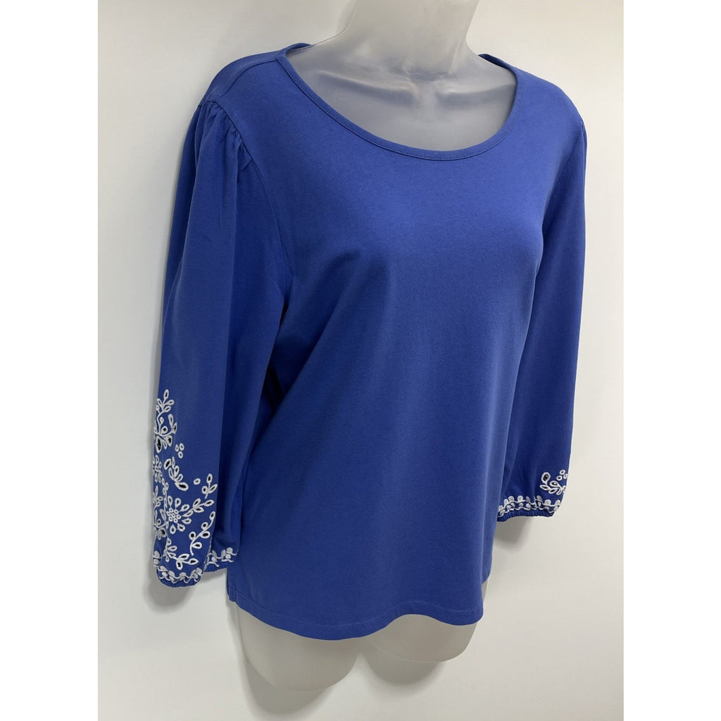 Talbots Eyelet Embroidered Peasant Top Womans Size LP Blue Cotton Boho Casual