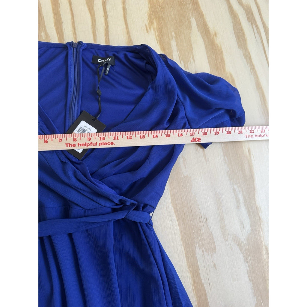 DKNY Blue Chiffon Wrap Dress Womens Size 2 Puff Sleeve Belted V Neck NWT $129