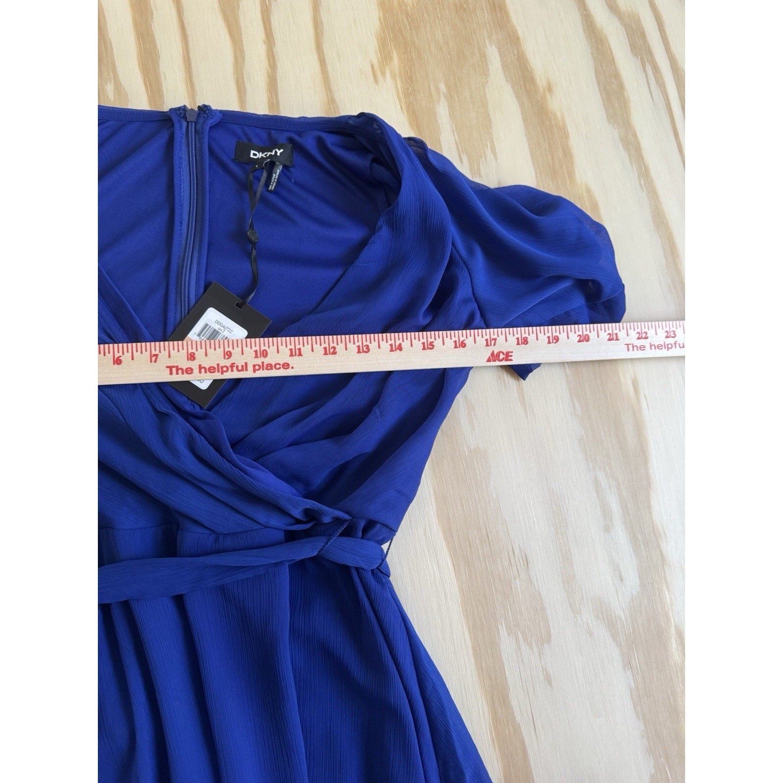 DKNY Blue Chiffon Wrap Dress Womens Size 2 Puff Sleeve Belted V Neck NWT $129