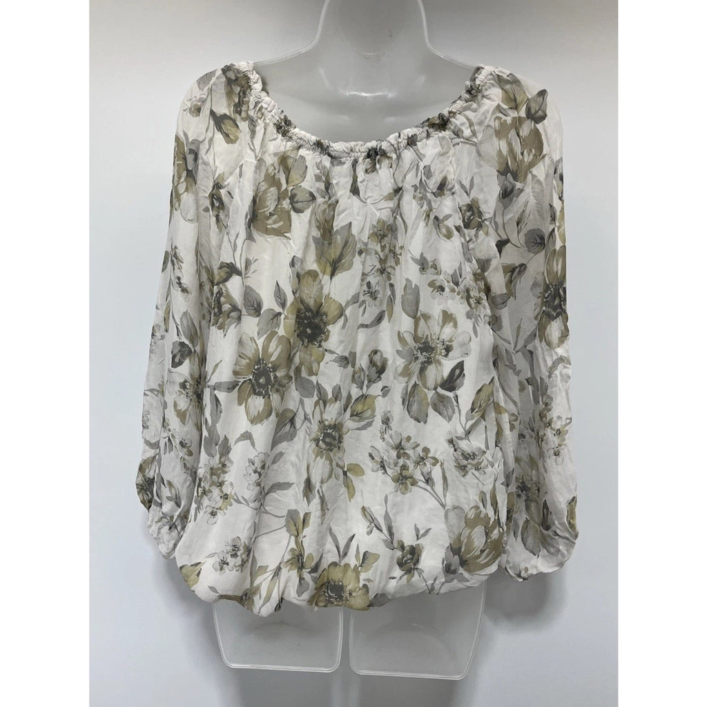Rosemarine Made Italy Ivory Olive Silk Floral Print L/Sleeve Lined Blouse Top L
