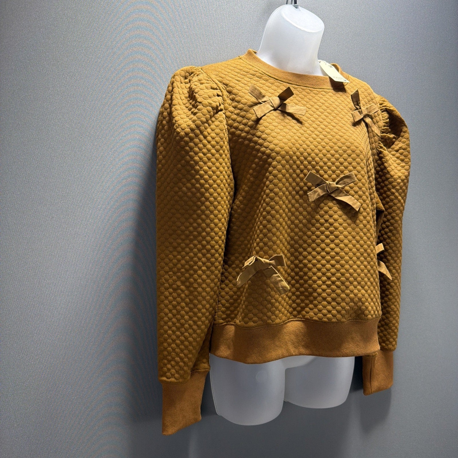 Jodifl Women’s S Puff Long Sleeve Quilted Ribbon Detail Blouse Top Sweater NWT