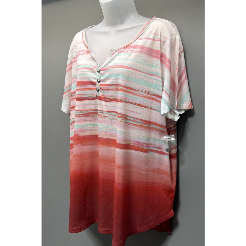 Croft &Barrow Multi Strip Abstract 1/4 Button Knit V-Neck Top Tunic Plus Size 2X
