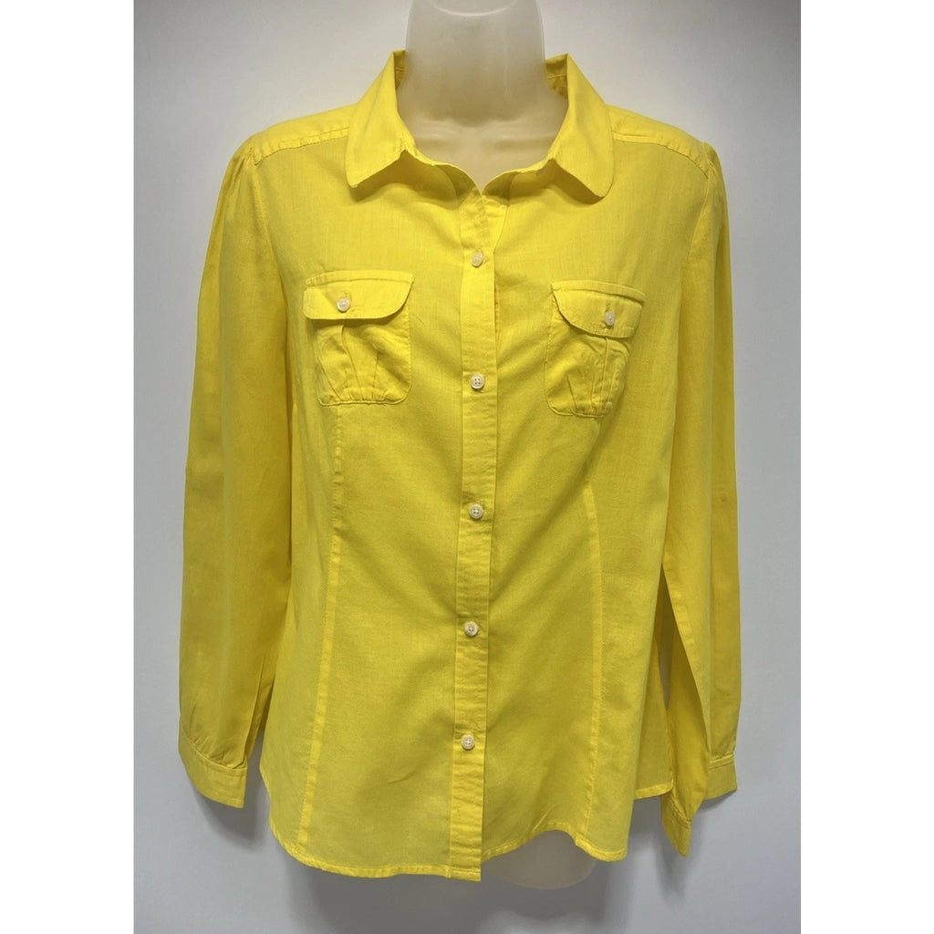 Old Navy Button Up Shirt Yellow Blouse Pocket Bright Day Glow Size L