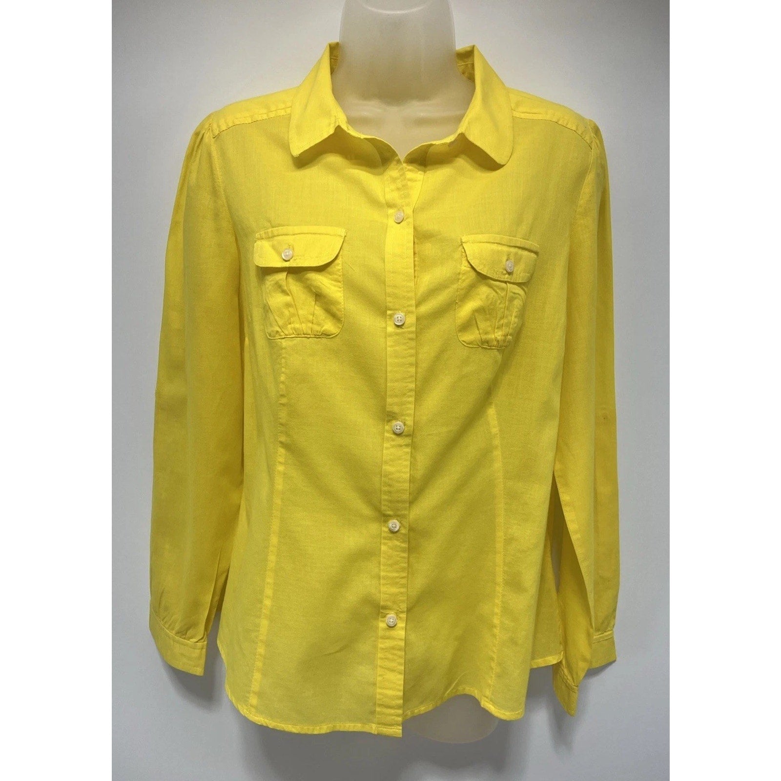 Old Navy Button Up Shirt Yellow Blouse Pocket Bright Day Glow Size L