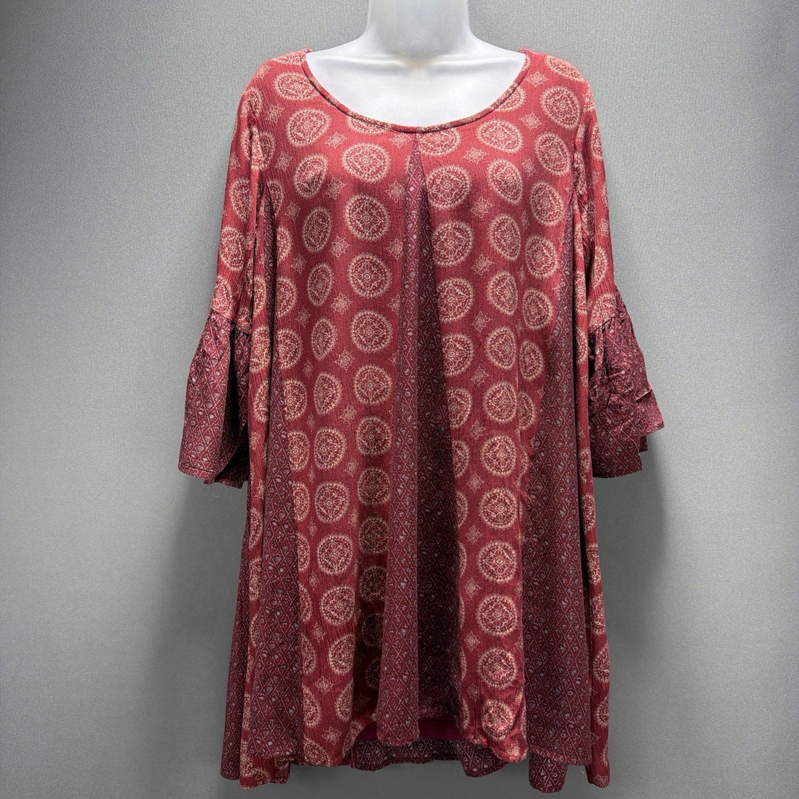 Easel Womens M Burgundy Boho Swing Tunic Dress Bell Sleeve Tassel Peasant