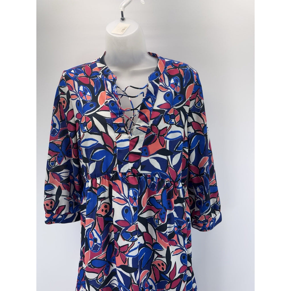 J. Crew Factory Floral Lace Up Printed 3/4 Sleeve Shift Dress Women’s Size S