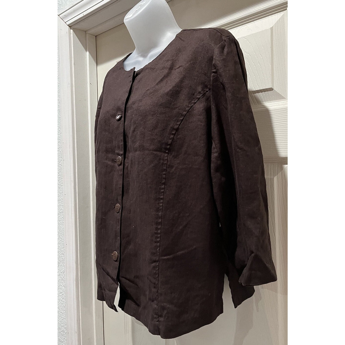 JM Collection 14P 100% Linen Chocolate Brown Collarless Button Front Jacket NWT