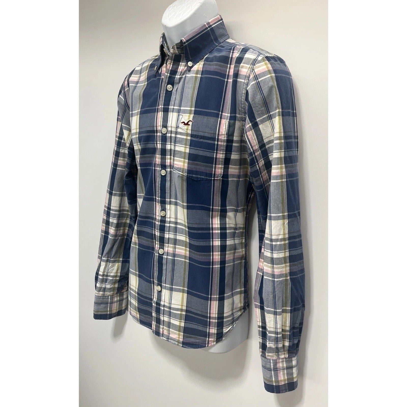 HOLLISTER Men’s Size S Button Front Shirt Long Sleeve Blue Pink Plaid Cotton
