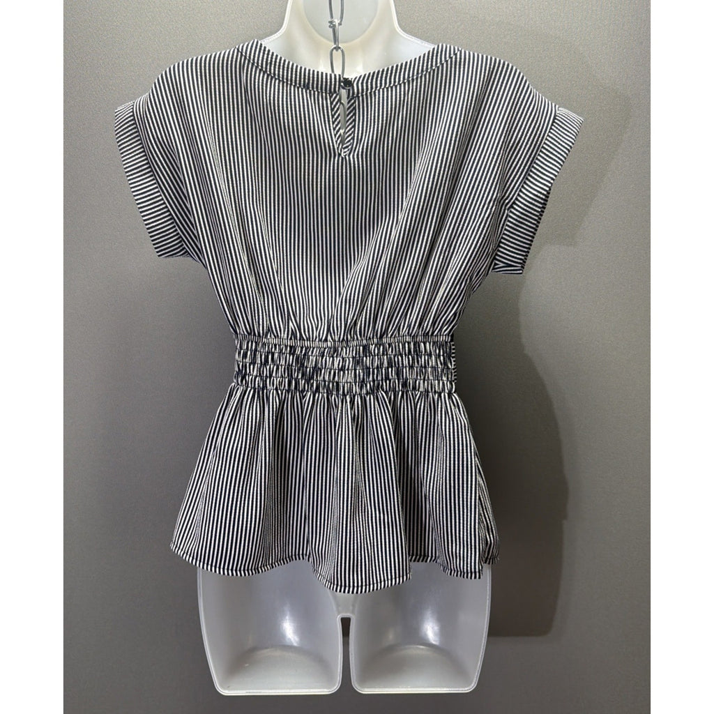 Monteau Los Angeles Top Navy White Striped Peplum Smocked Waist Sz Small NWOT