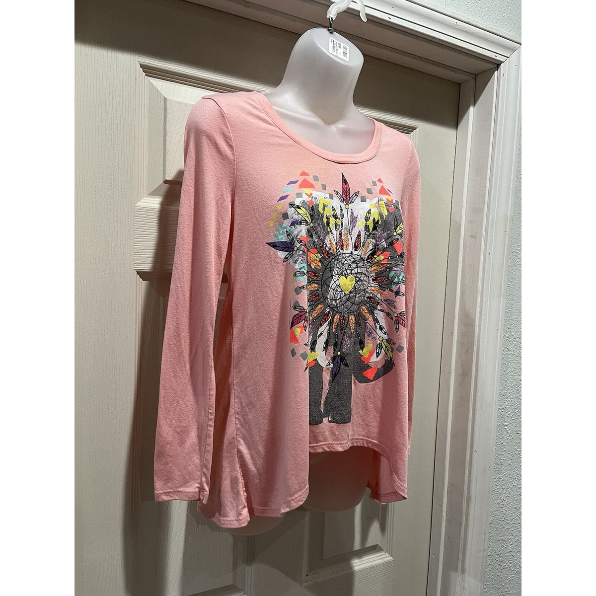 Belle Du Jour Pink Elephant Dreamcatcher Graphic Top Long Sleeve Split Back Boho