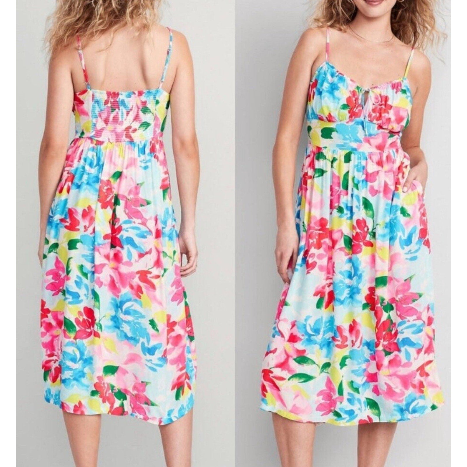 OLD NAVY Fit & Flare Floral Smocked Midi Cami Dress Pink Blue Watercolor Women L