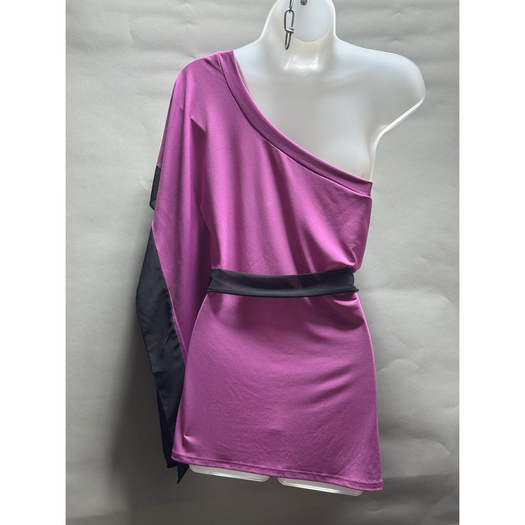 L8ter Womens Large One Shoulder Tunic Top Pink Black Rose Rhinestone Belted USA