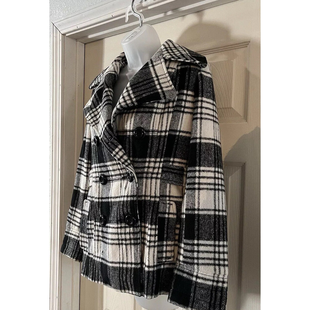 George Plaid Peacoat Size Small Black White Pockets Buttons