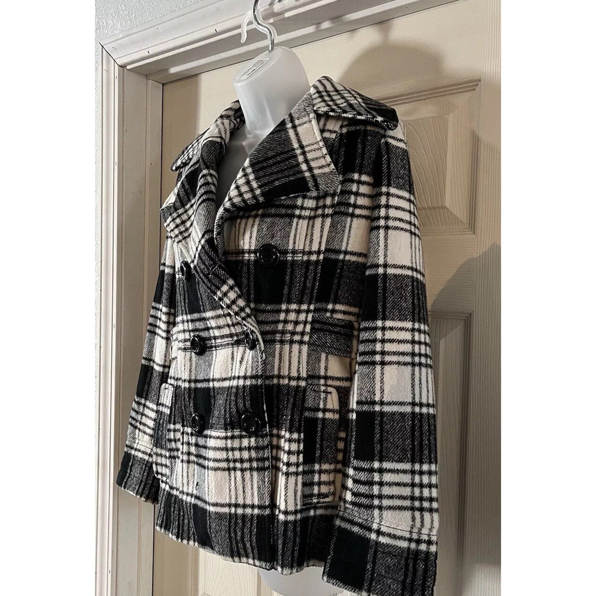 George Plaid Peacoat Size Small Black White Pockets Buttons