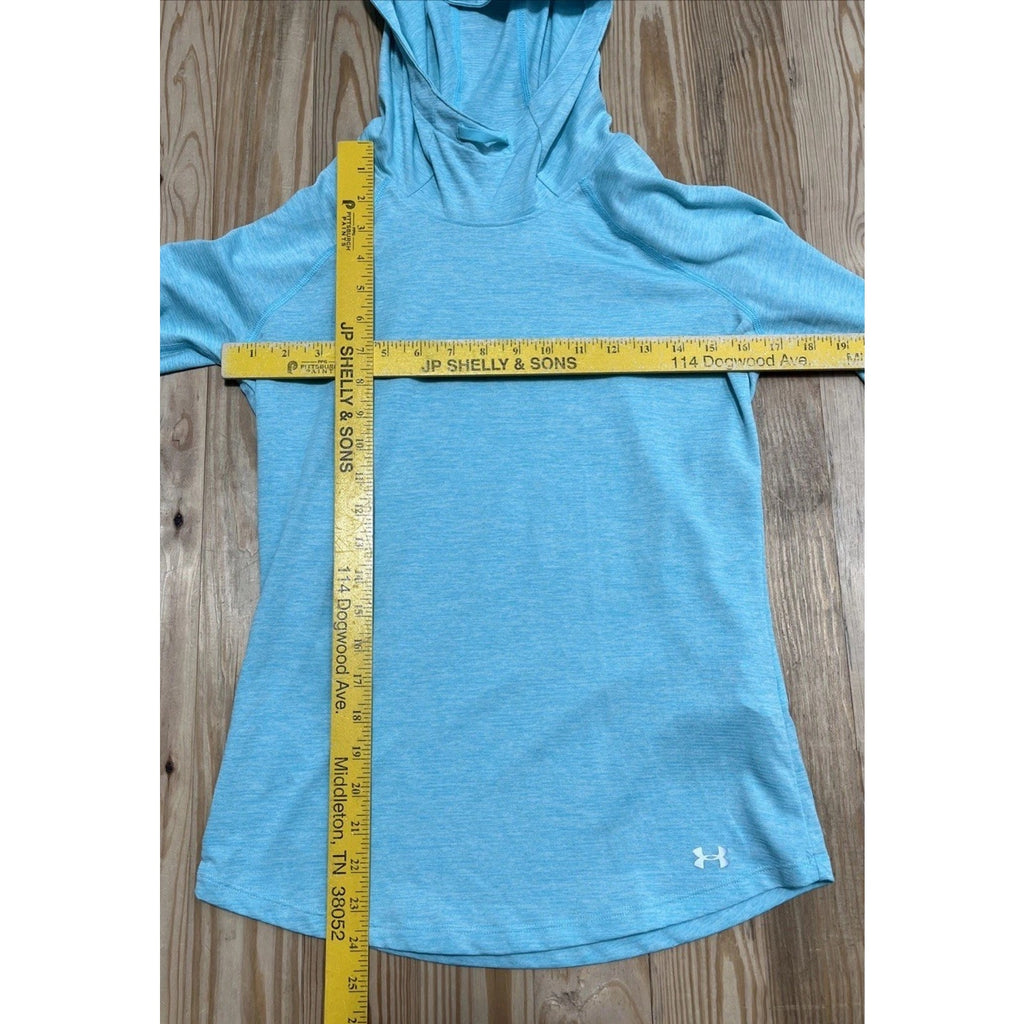 Under Armour Run Fitted Long Sleeve Hooded Shirt Pockets Blue Womens XS