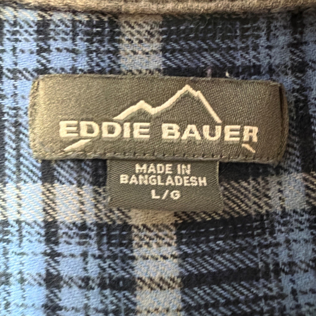 Eddie Bauer Men’s Size L 100% Cotton Flannel Blue Plaid Button Up Long Sleeve