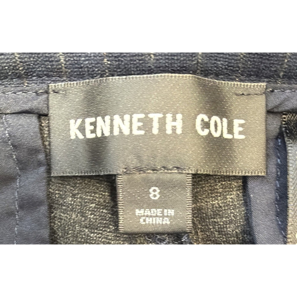Kenneth Cole High Rise Zip Front Pin Stripe Wide Leg Women's 8 Pants Navy Blue