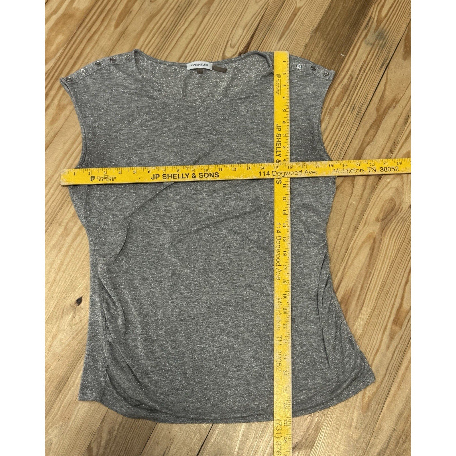 Calvin Klein Grey Metalic Sleeveless Top Shoulder Buttons Women’s Size Large