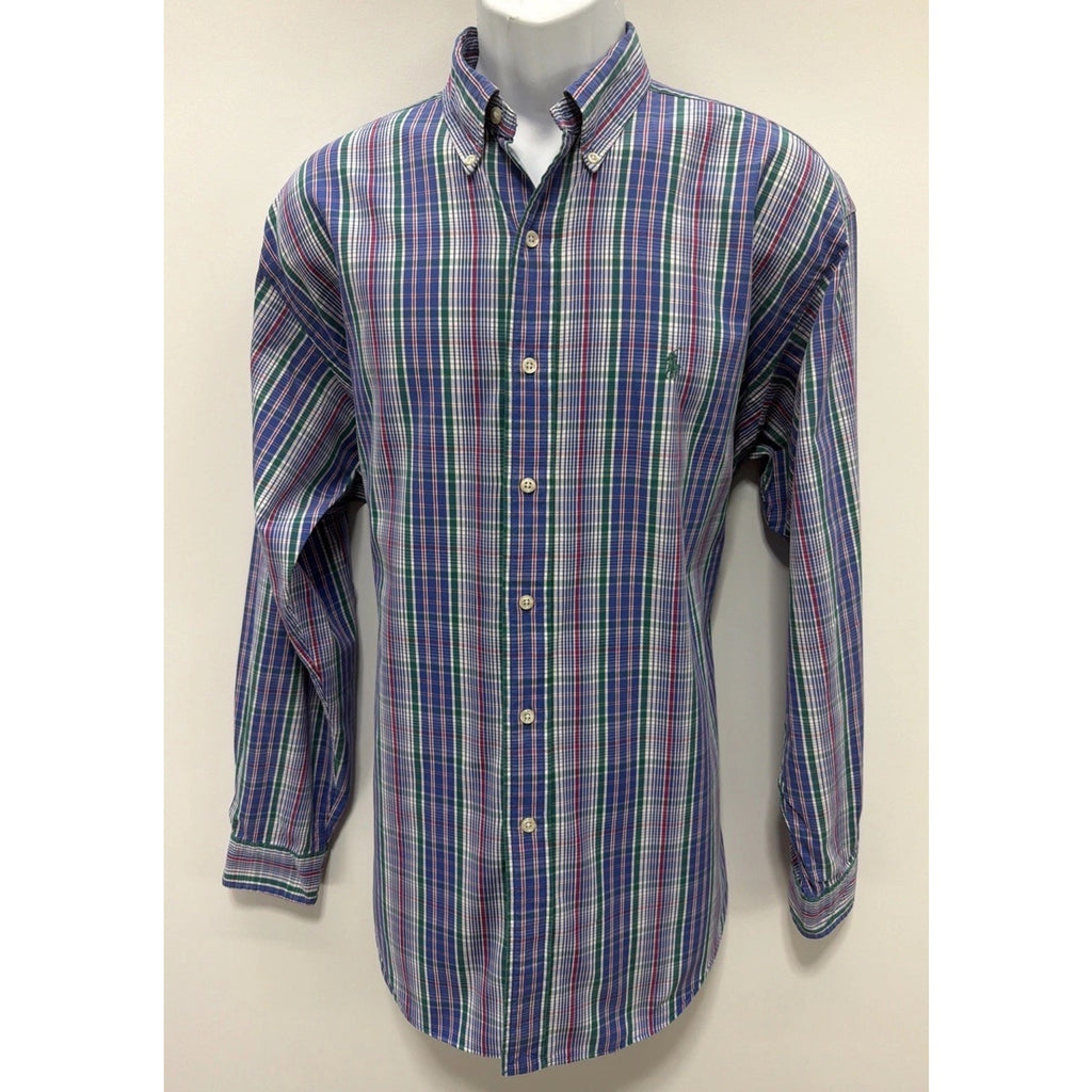 Vintage Ralph Lauren Blake Shirt Mens Large Blue Green Plaid Two-Ply Cotton EUC
