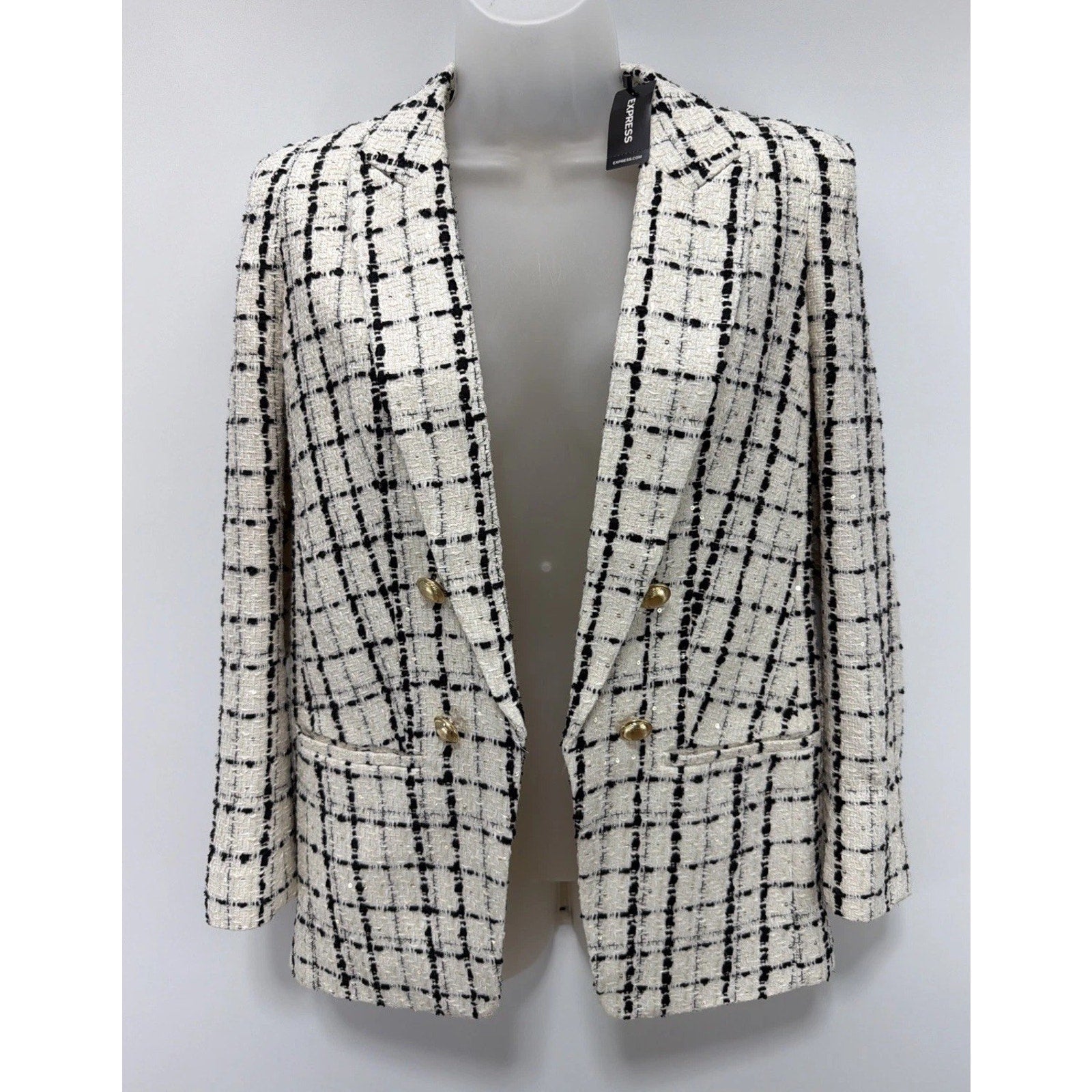 EXPRESS Women's Houndstooth Plaid TweedCustom Fit Boyfriend Blazer Size XS