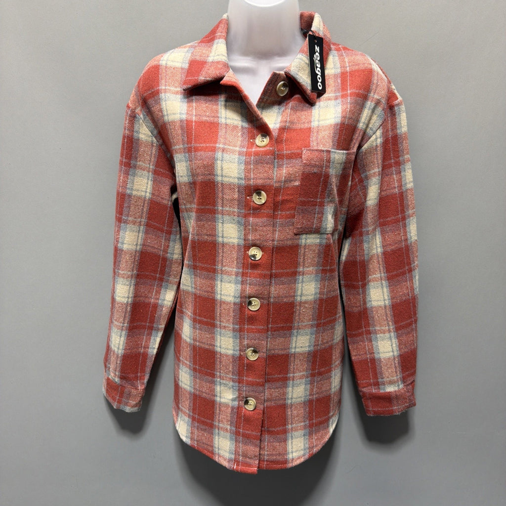 Zeagoo Oversized Plaid Flannel Shacket Button Down Long Sleeve Coat Small NWT