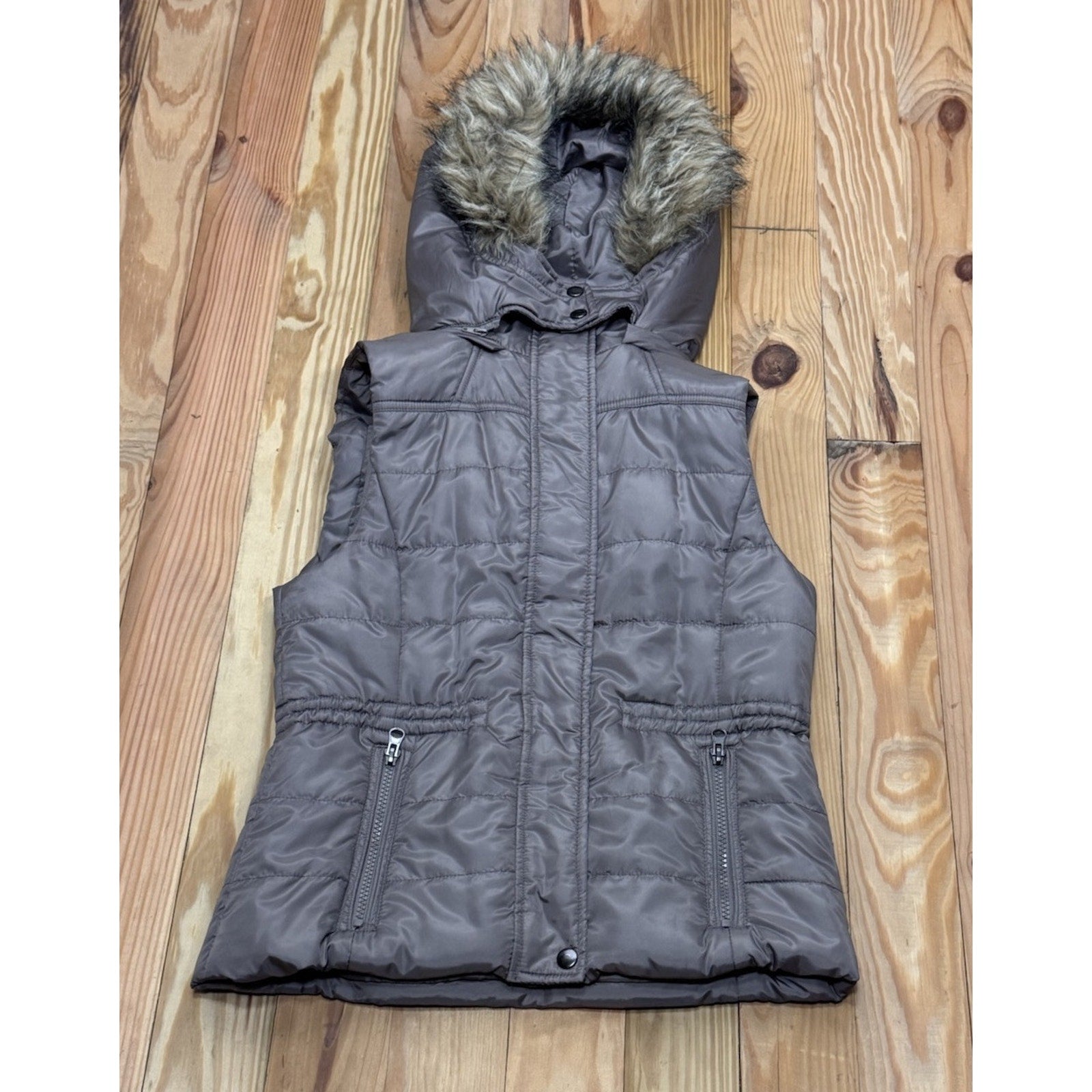 American Rag Cie Explorer Puffer Vest Faux Fur Hooded Brown Women's Size Medium