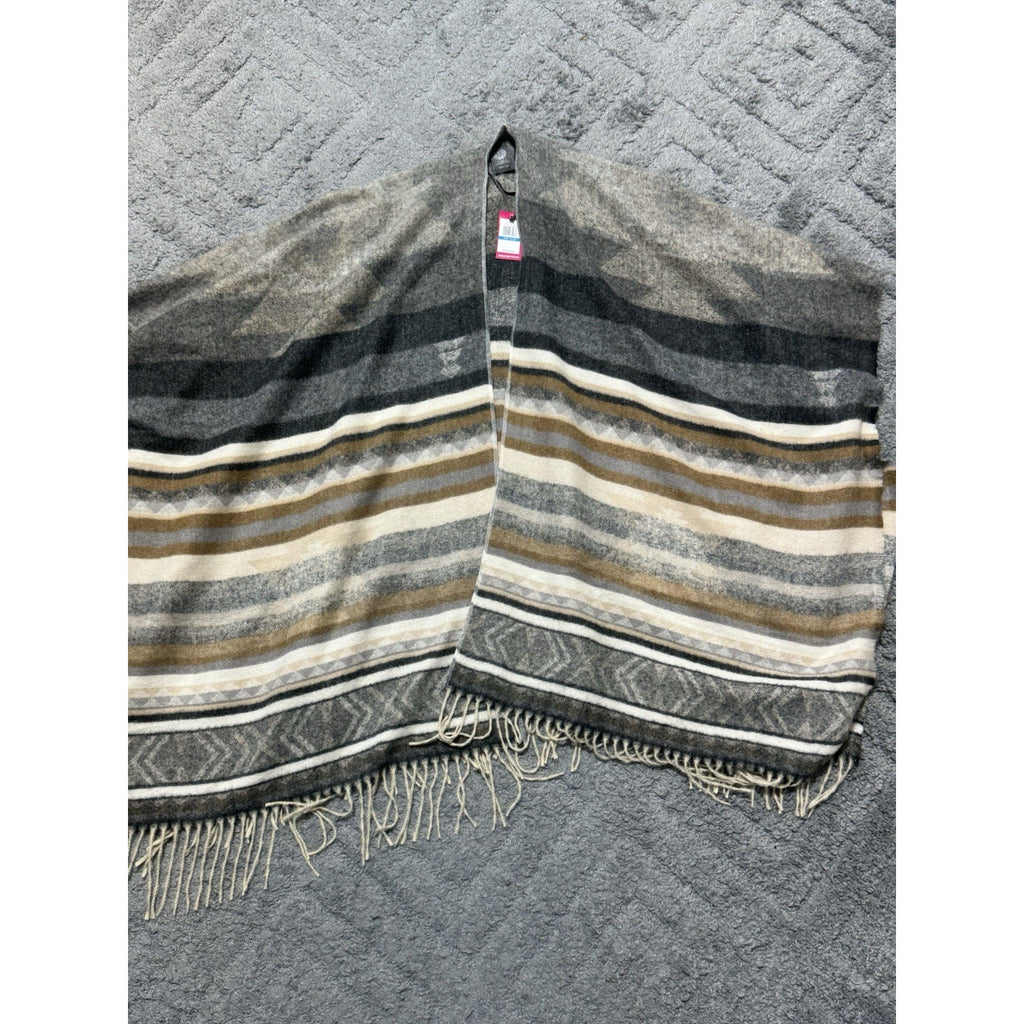 NWT Vince Camuto Ruana Poncho Wrap Shawl Black Neutral Stripe Fringe One Size