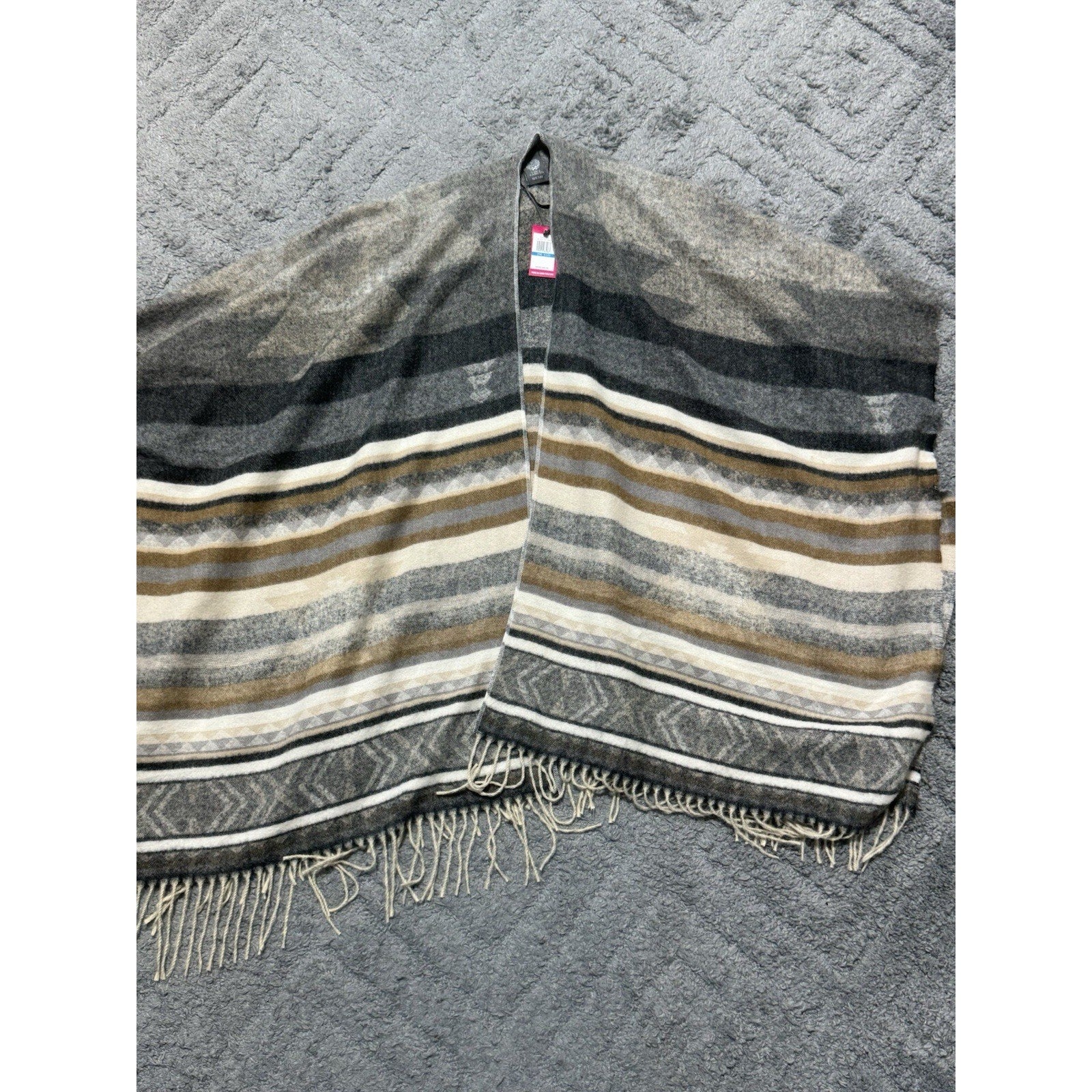NWT Vince Camuto Ruana Poncho Wrap Shawl Black Neutral Stripe Fringe One Size