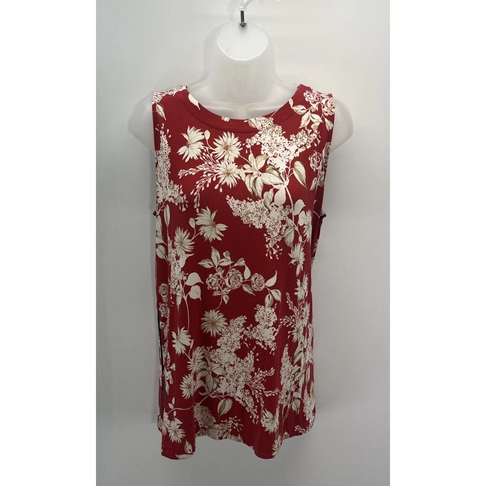 J Jill Wearever Womens Floral Tank Top Red Beige Boho Cottagecore Travel M
