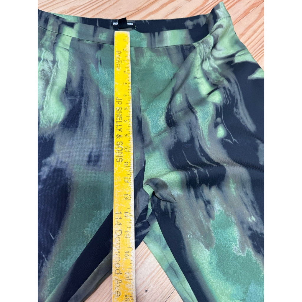 PRETTY LITTLE THING Plus Green Grunge Print Chiffon Flare Pants SIZE 12