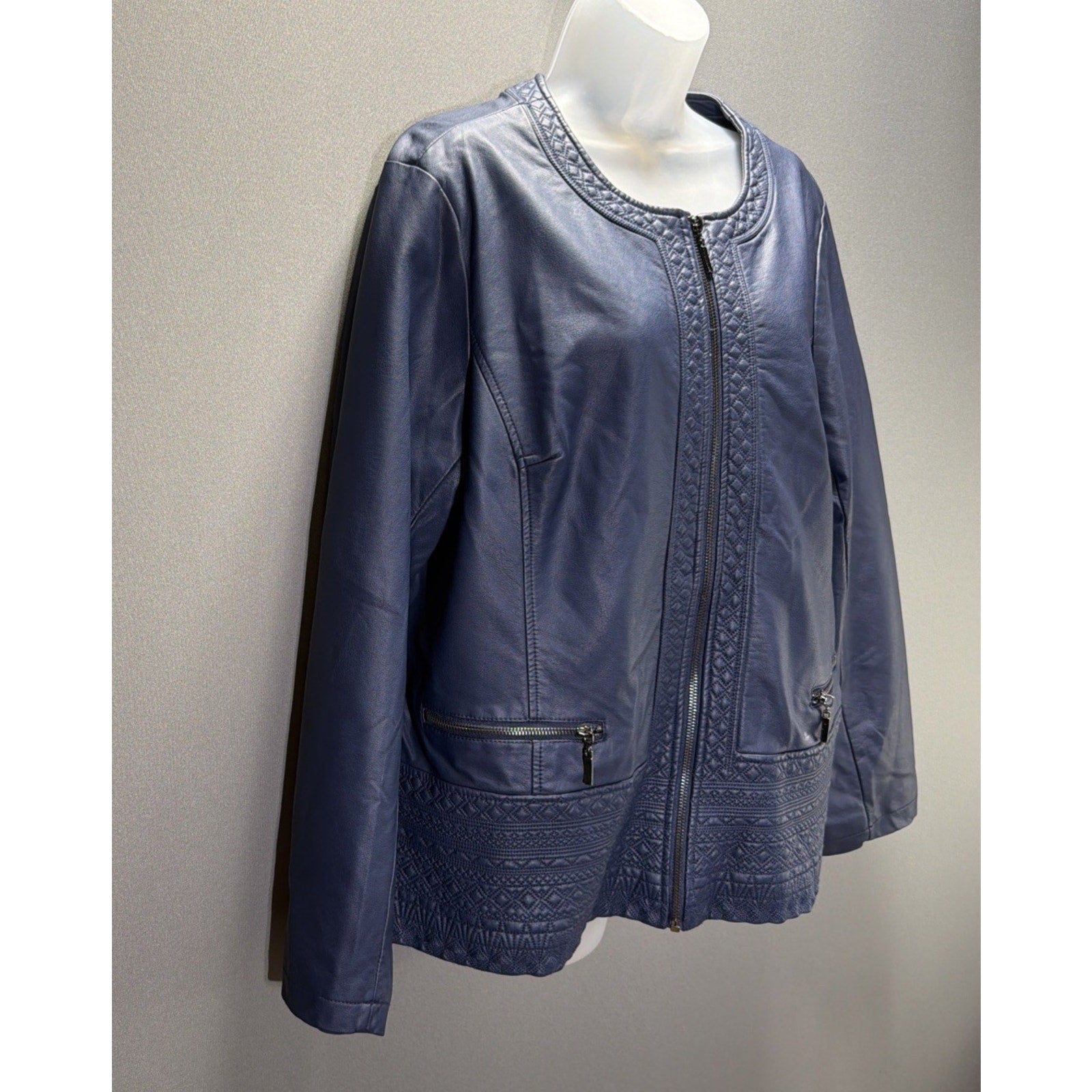 Christopher Banks Blue Faux Leather Jacket Women’s size XL Embroidered New W Tag