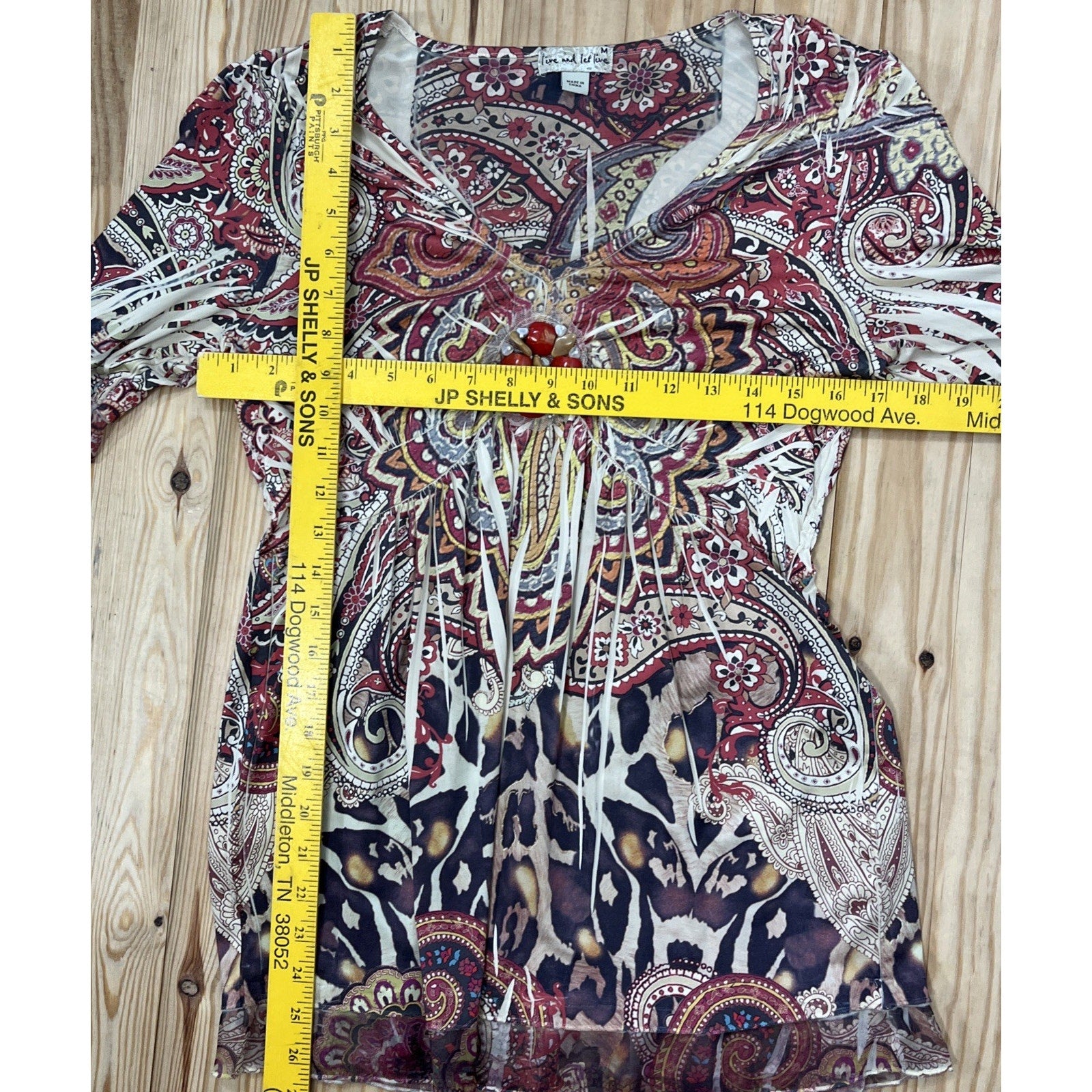 Live and Let Live Womens Tunic Blouse Top Size M Paisley Beaded Stones