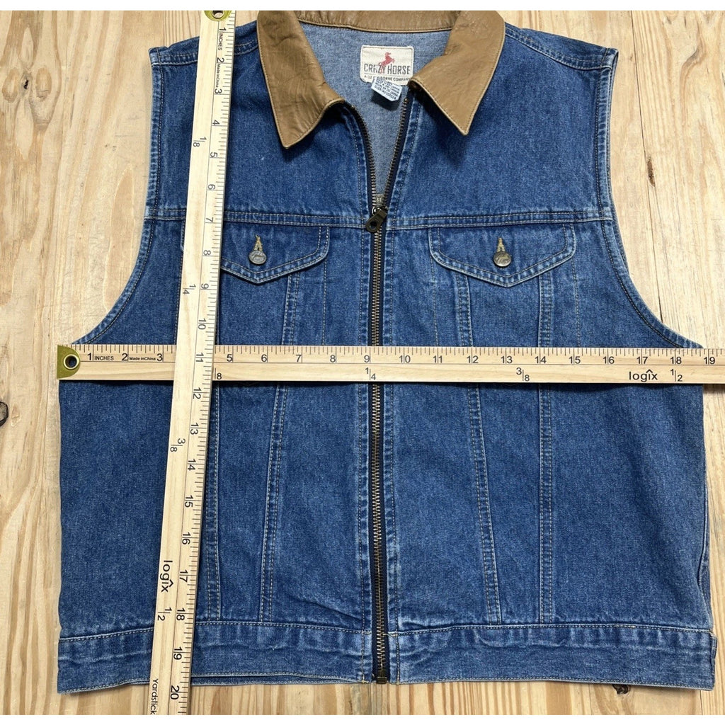 Vtg Crazy Horse Liz Claiborne Denim Vest Leather Collar Full Zip Sz M