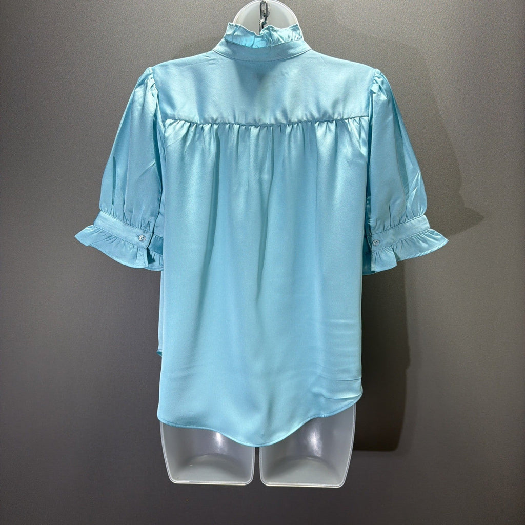 Ann Taylor Blue Satin Ruffle Button Short Sleeve Blouse Size XS