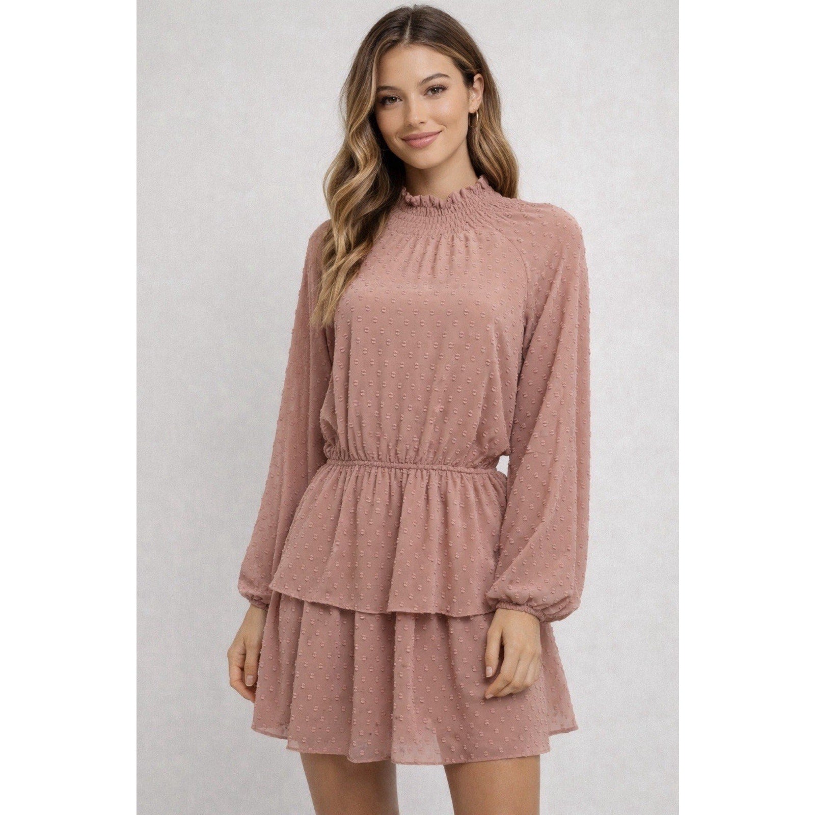 Mustard Seed Dusty Rose Swiss Dot Tiered Babydoll Mini Dress M Boho Lagenlook