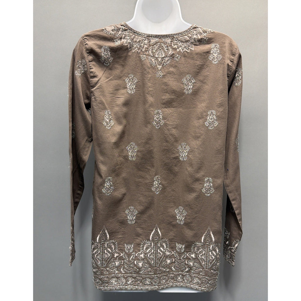 Sigrid Olsen Signature Taupe Embroidered 3/4 Sleeve Boho Tunic Top Size Small
