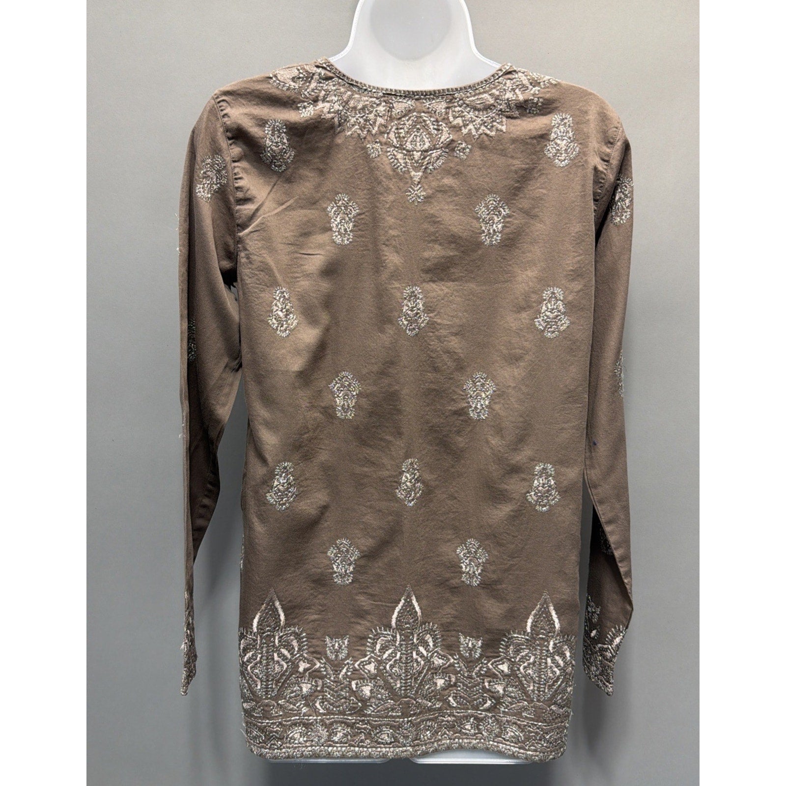 Sigrid Olsen Signature Taupe Embroidered 3/4 Sleeve Boho Tunic Top Size Small