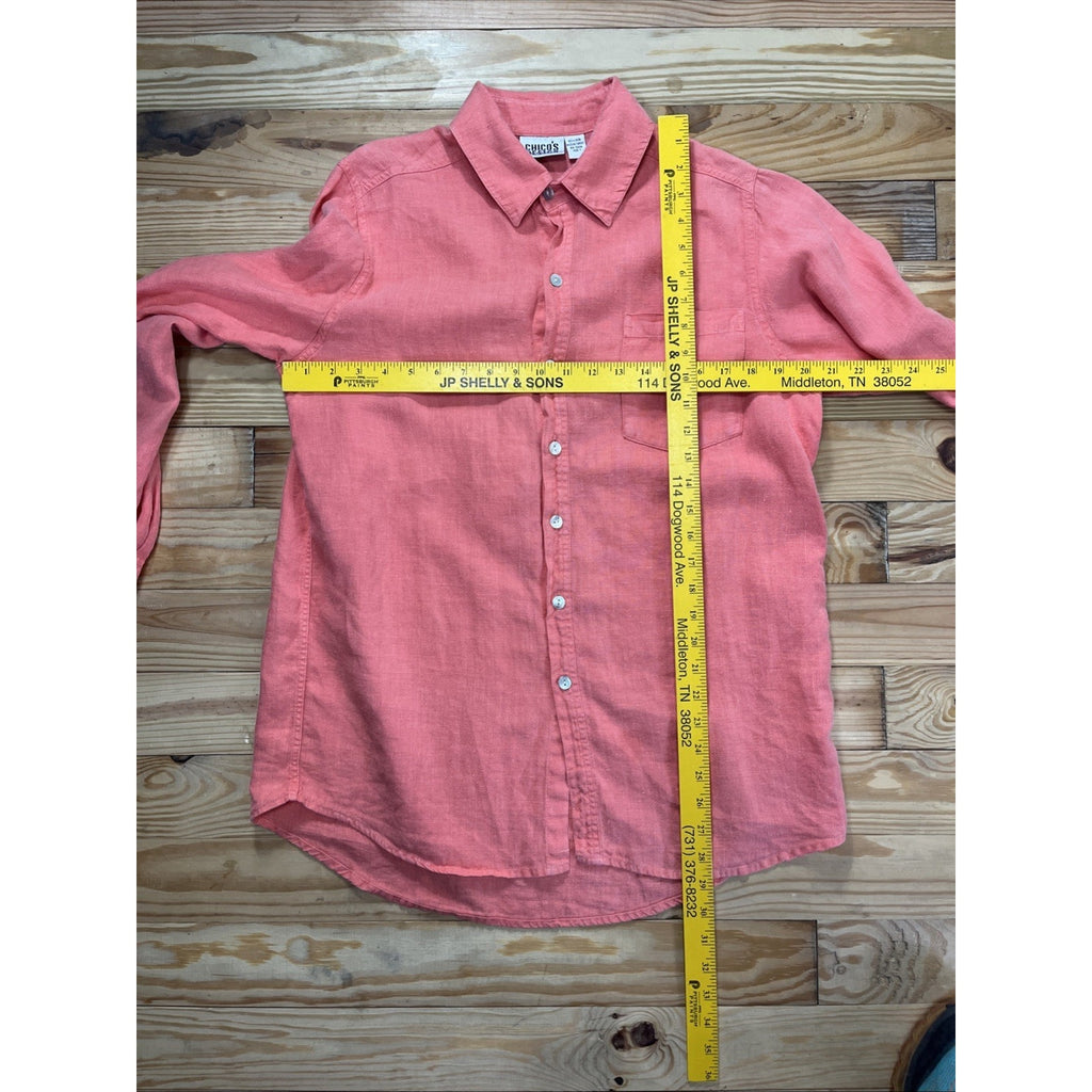 Chicos Design Men’s Button Up Shirt Long Sleeve 100% Linen Size 1 Medium Orange