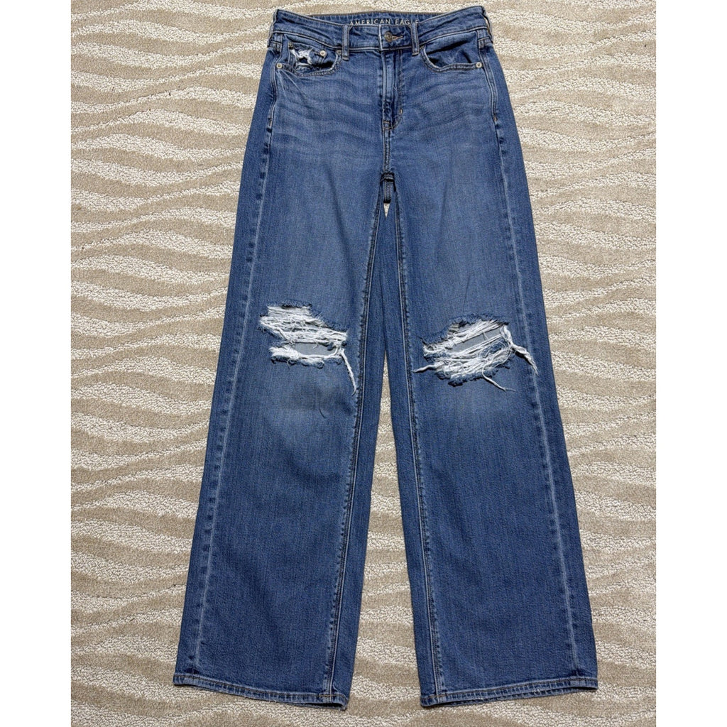 American Eagle Super High Rise Baggy Wide Leg Distressed Jeans Size 2 / 27x31