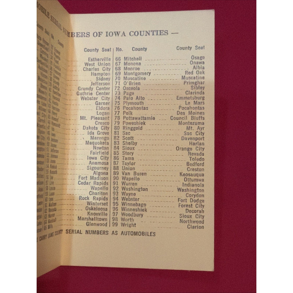 1950 Iowa License Plate County Numbers Pocket Card Reference Book Auto Car RARE