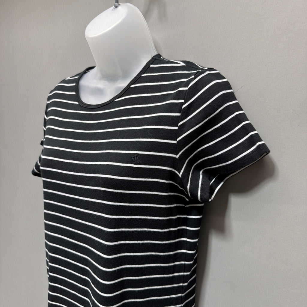 Lauren Ralph Lauren Womens L T-Shirt Black Stripe Embroidered Short Sleeve