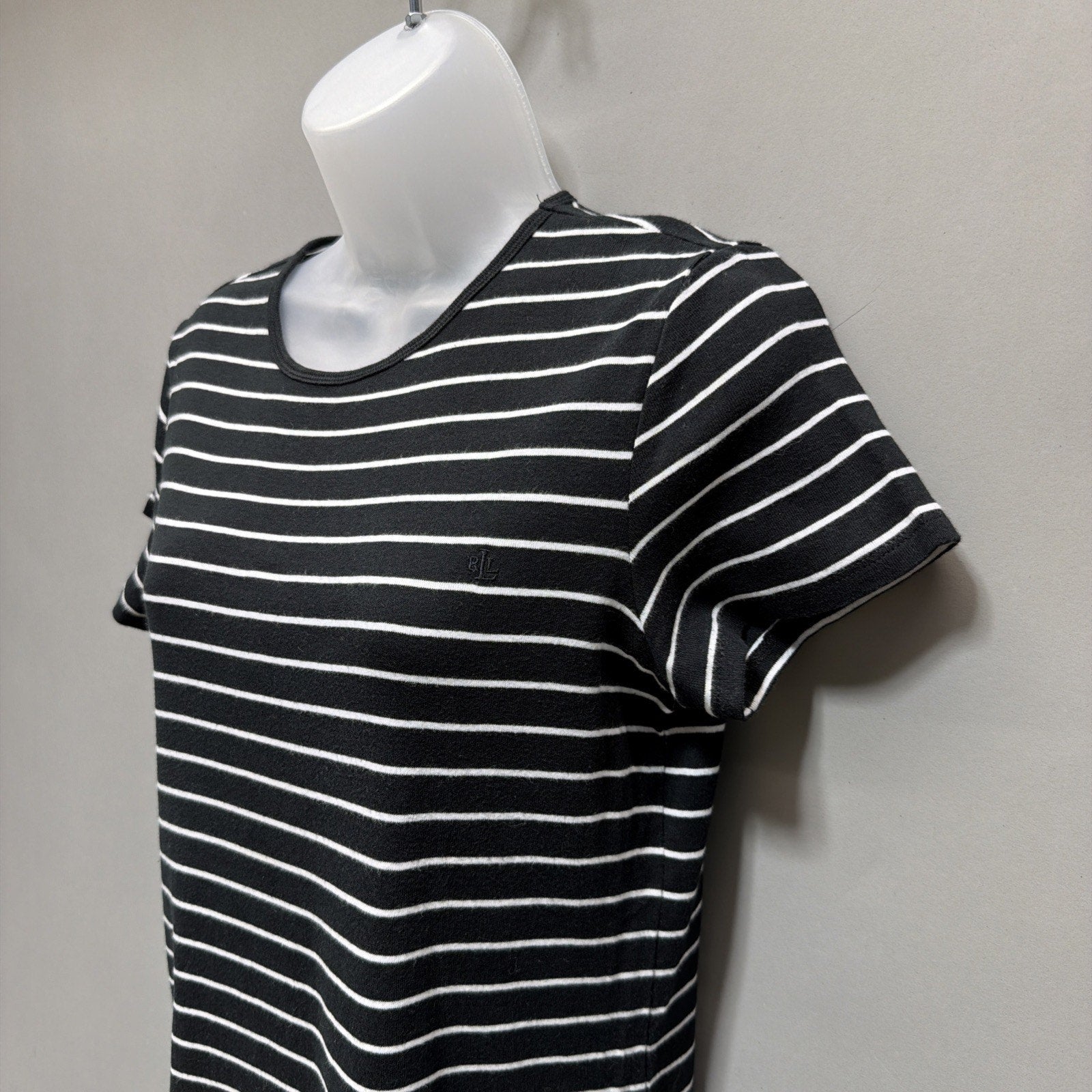Lauren Ralph Lauren Womens L T-Shirt Black Stripe Embroidered Short Sleeve