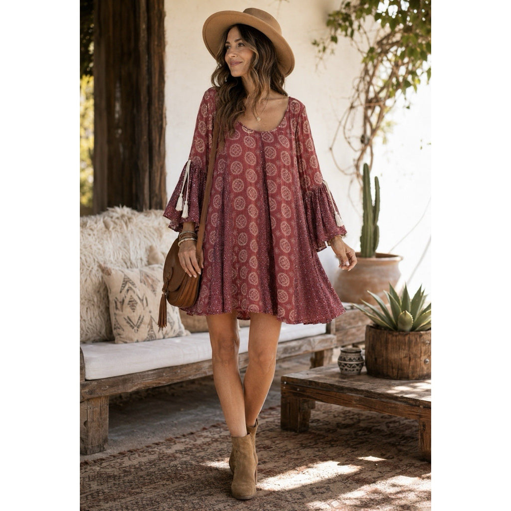 Easel Womens M Burgundy Boho Swing Tunic Dress Bell Sleeve Tassel Peasant