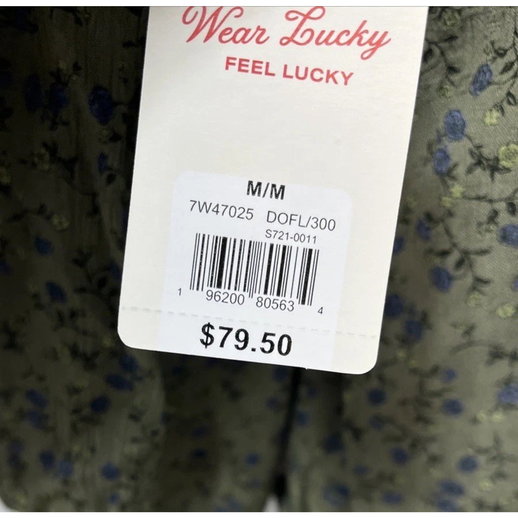 NWT Lucky Brand Blouse - Floral Print Boho Flowy Lace Trim Green Blouse -Size M