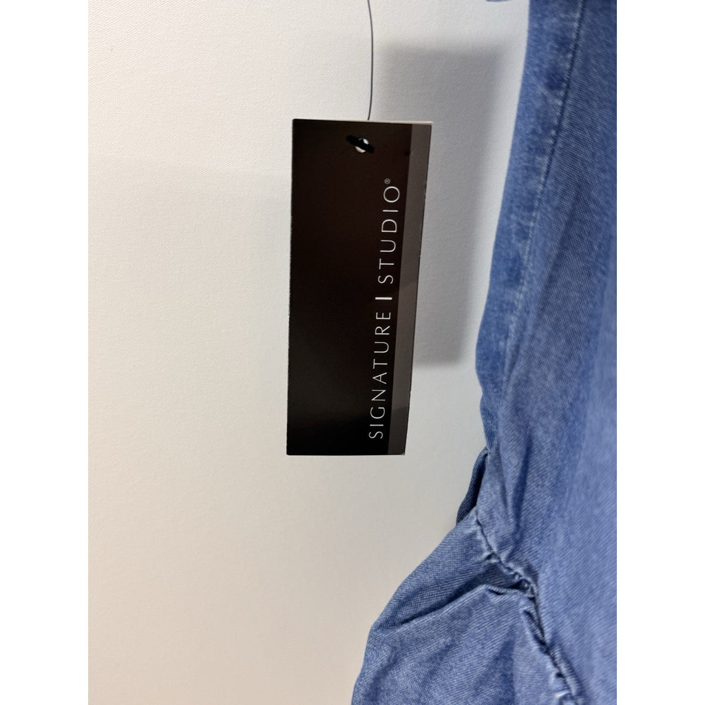 Signature Studio Peasant Top Blue Chambray 3/4 Sleeve Ruffle Women’s Size L NWT