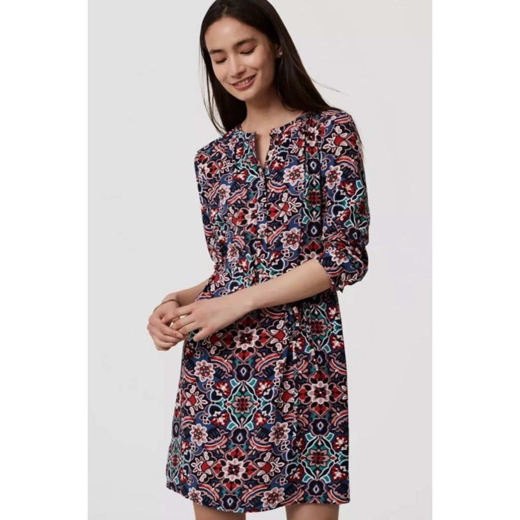 Ann Taylor LOFT Long Sleeve Stained Glass Shirtdress Shirt Dress Size Medium