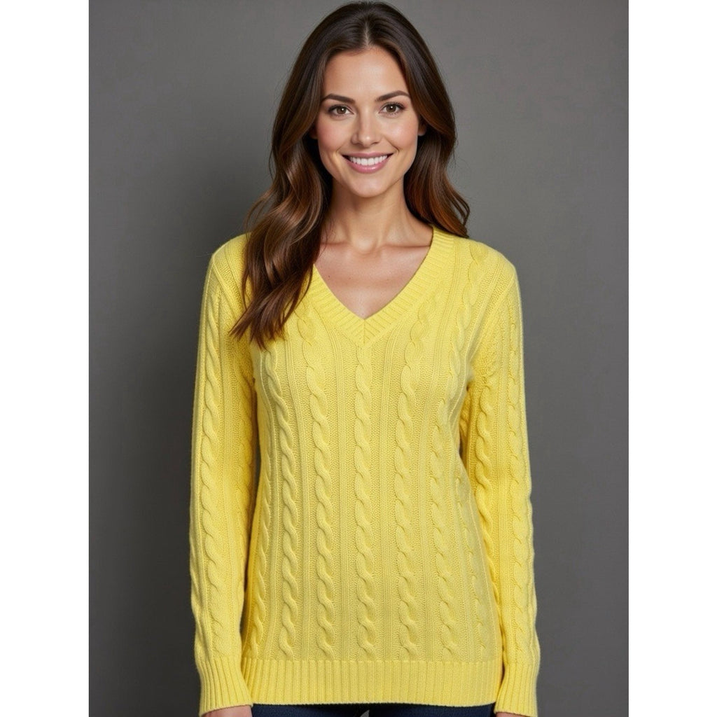 Vtg 90s Lauren Ralph Lauren Women's Lemon Yellow V-Neck Cable Knit Sweater 1X