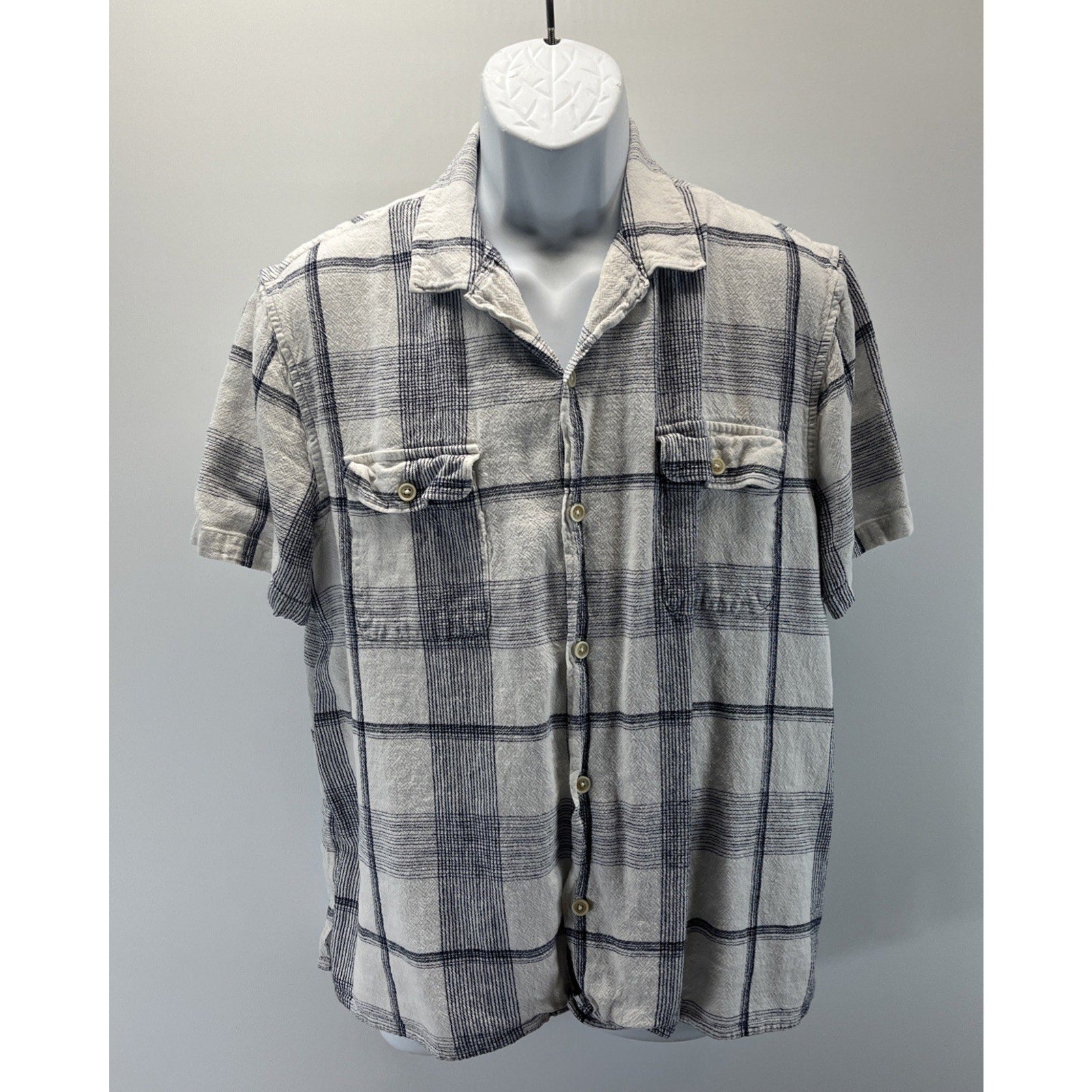 Lucky Brand Linen Blend Short Sleeve Plaid Button Front Shirt Men's XL White