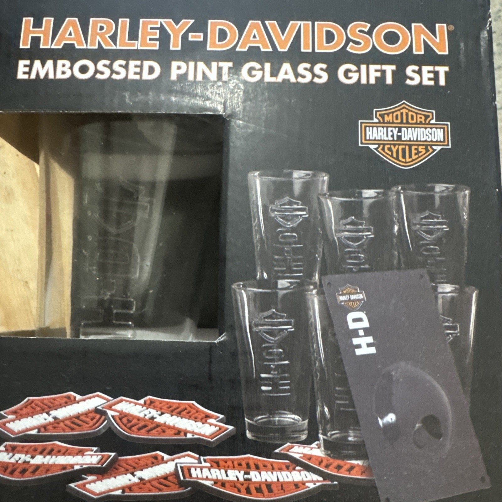 Harley Davidson Embossed Pint Glass Gift Set 6 Glasses Coasters Wall Opener NIB